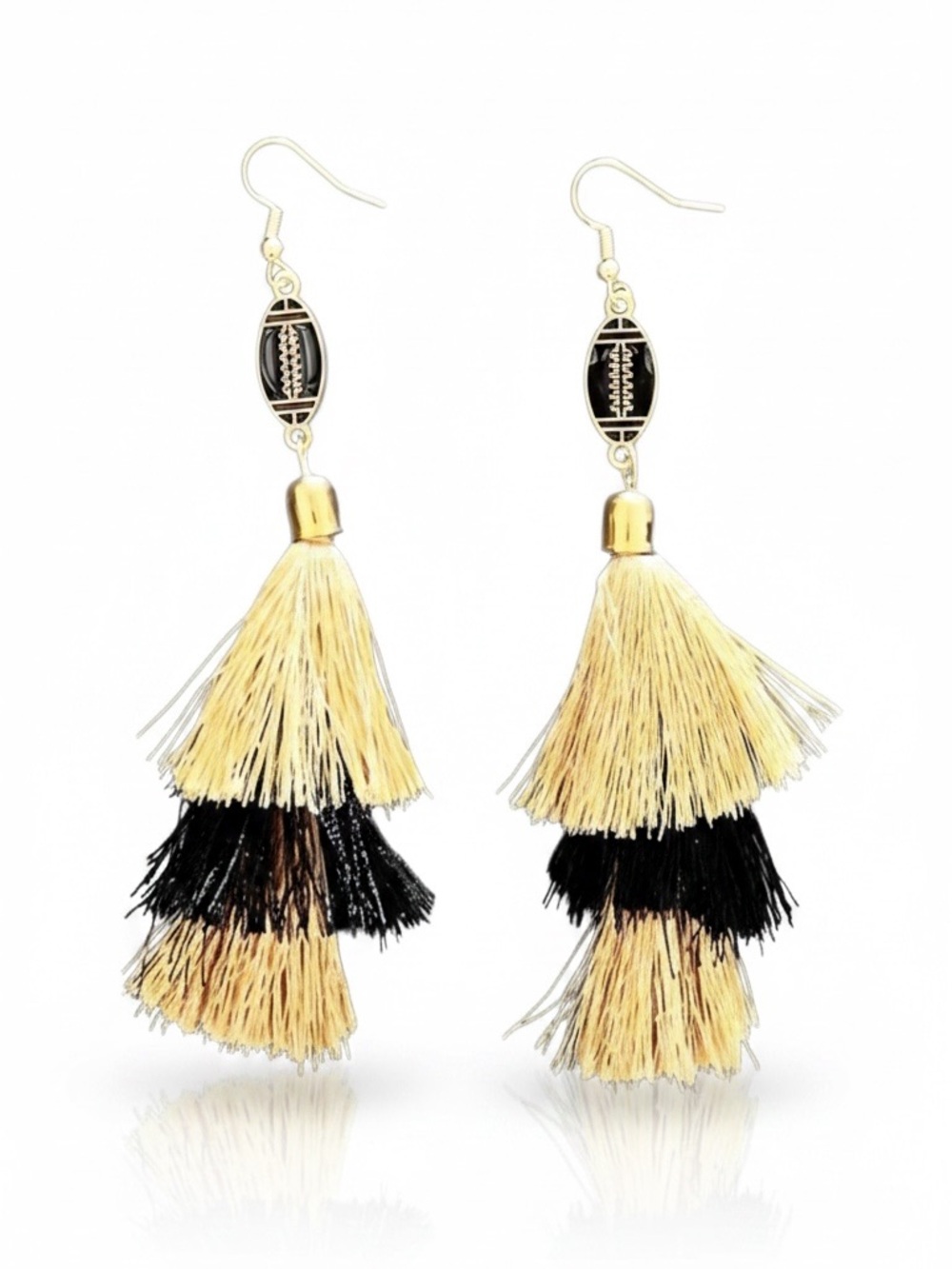 Enamel Football Black & Gold Thread Tassel Game Day 4.5" Lightweight Earrings